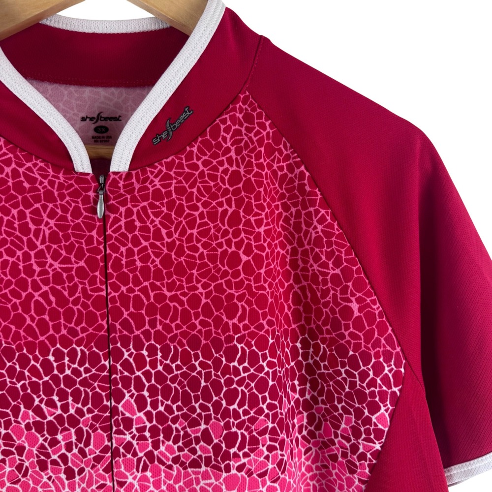 Shebeest Cycling Jersey Women 3X Pink Red Mosaic Quarter Zip Short Sleeve Top